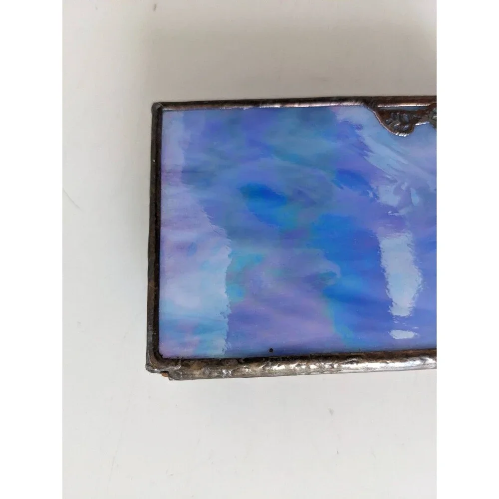 Vintage Stained Glass Brass Trinket Jewelry Box Blue With Mirrored Bottom Flower